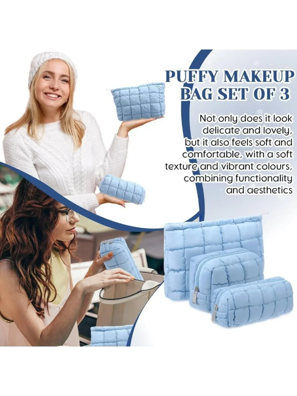 Cute Checkered 3-Pc Puffy Makeup Bag Set | Quilted Cosmetic Pouch & Toiletry